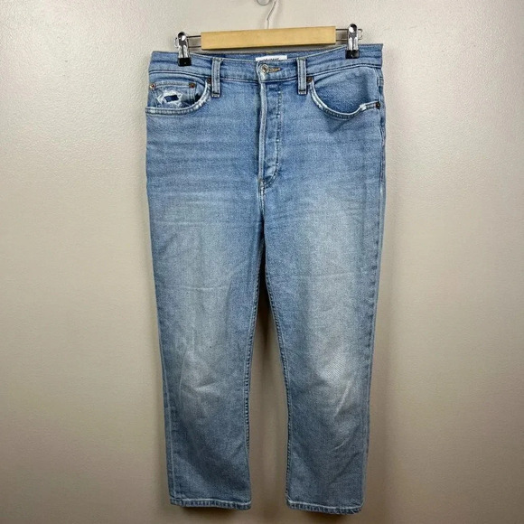 Redone High Rise Crop Straight Jeans Size 28 Light Wash Blue Denim Ankle - Picture 1 of 14